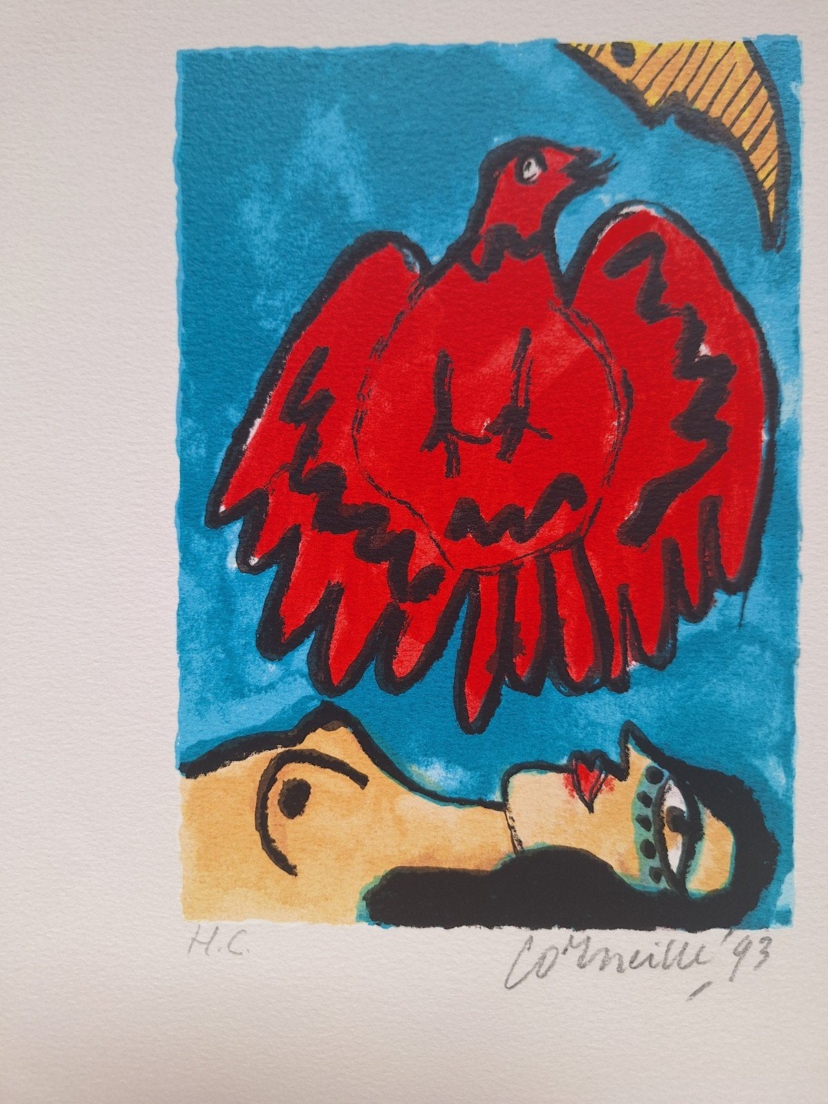 Corneille '93 - Zeefdruk met vogel en vrouw (H.C.), Antiek en Kunst, 1950 - 1999, Ophalen of Verzenden, Gesigneerd, Flora en Fauna