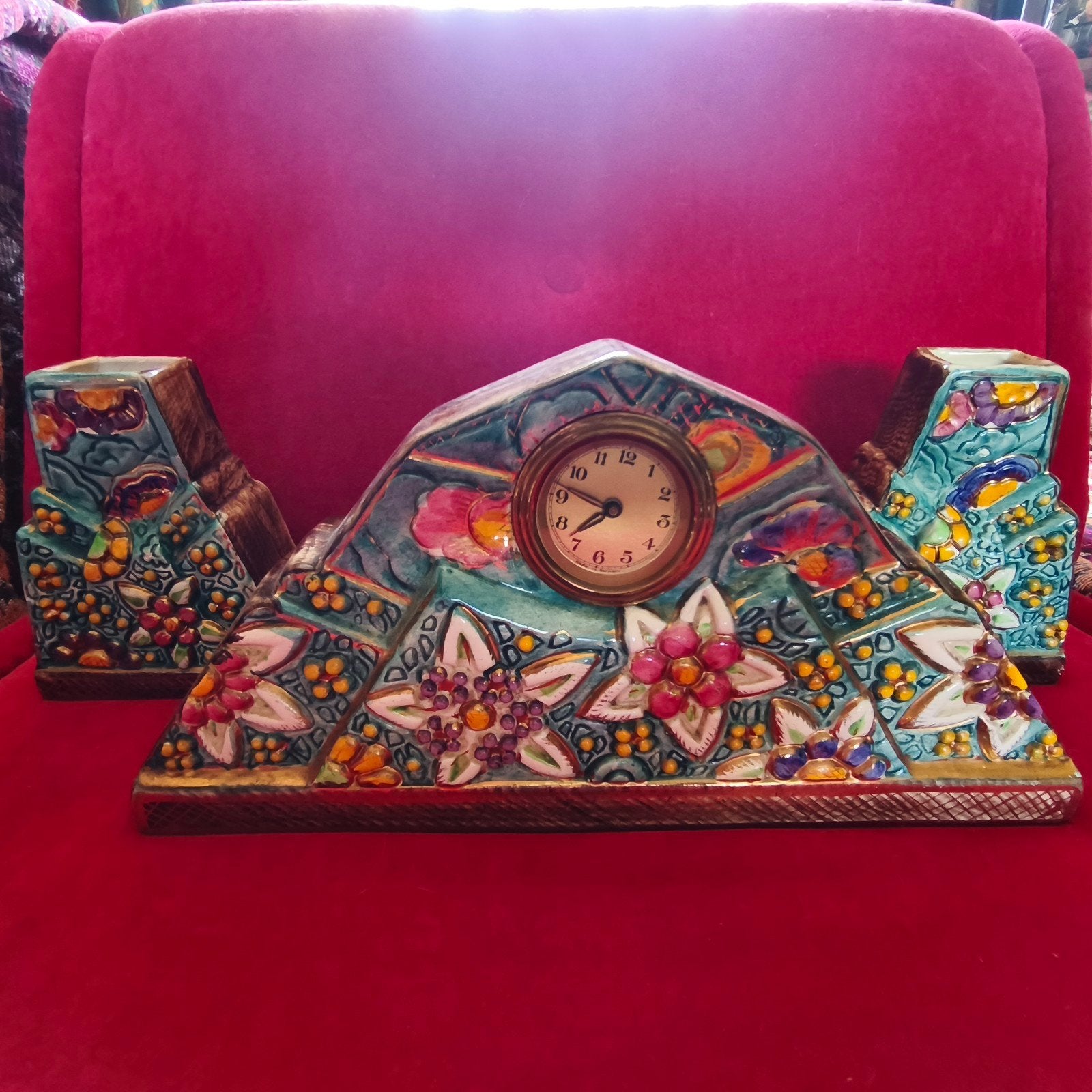 Antieke Belgische Art Deco Schouwklok met vaasjes, Ophalen of Verzenden