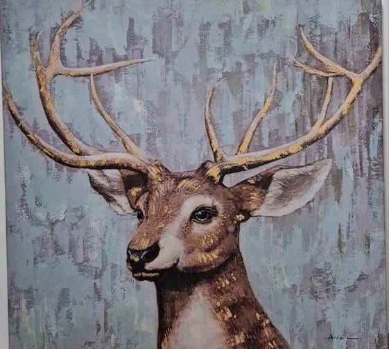 Canvas Schilderij Hert met Gouden Gewei - 90x90 cm, Ophalen of Verzenden