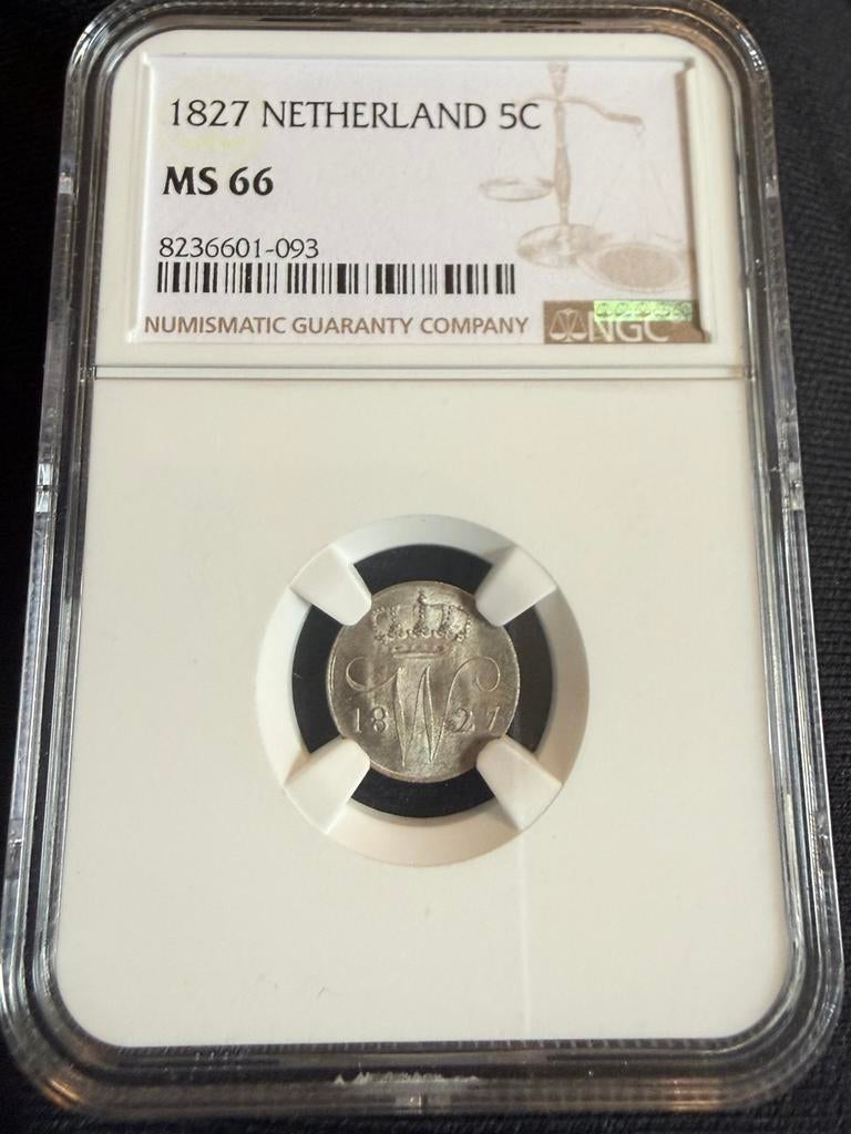 Topkwaliteit MS66 5 cent 1827 overslag! Willem I, Zilver, Ophalen of Verzenden, Koning Willem I, Losse munt