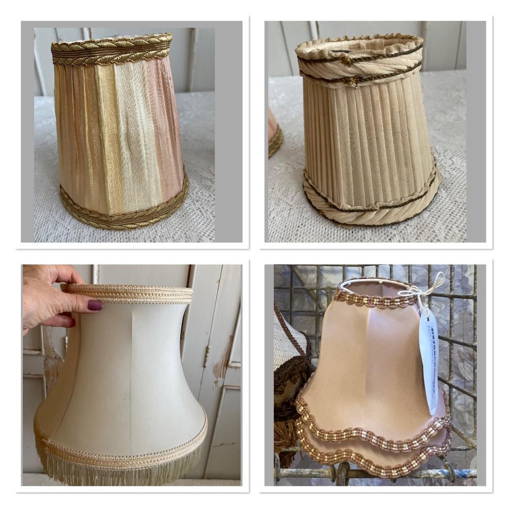 4x Brocante lampenkapjes / 1x fitting / 3x klemkapjes, Gebruikt, --, Rond, Crème