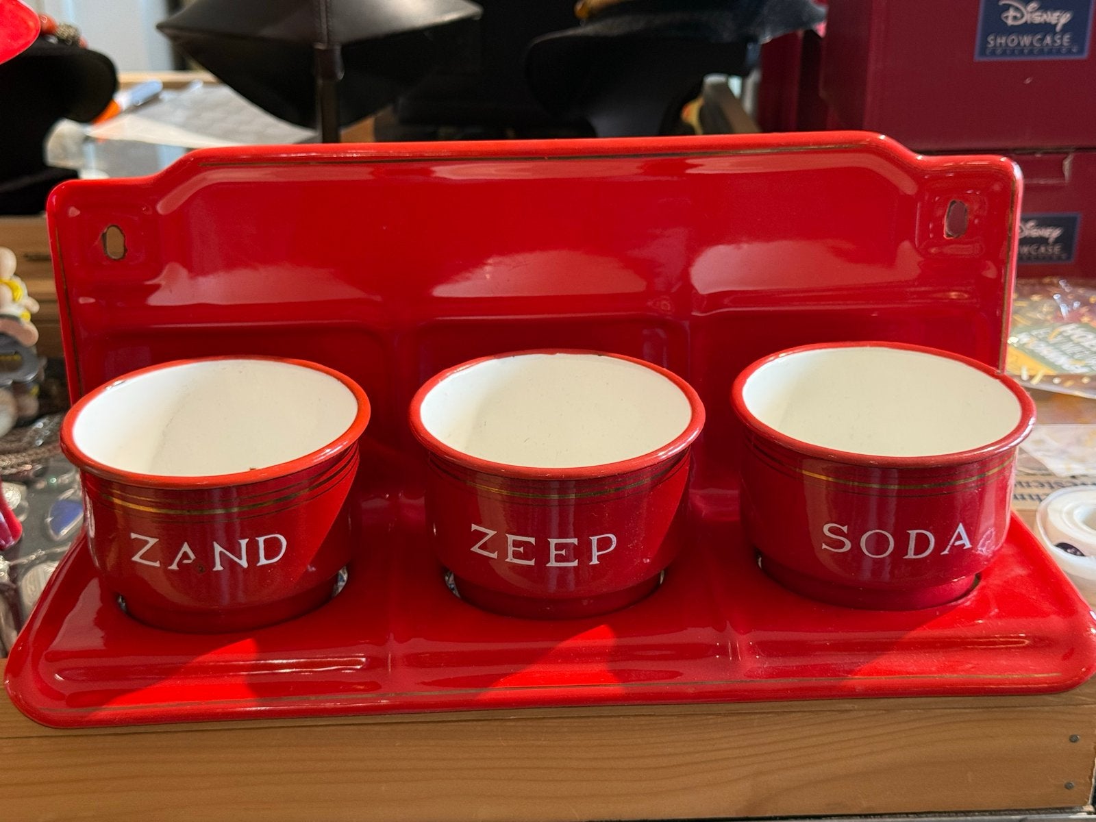 Emaille rek met potjes voor zand, zeep en soda, Antiek en Kunst, Antiek | Emaille, Ophalen of Verzenden