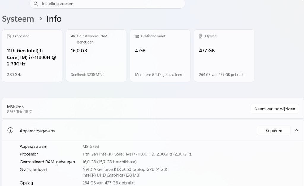 Msi GF63 thin laptop i7 11800h 16gb RTX3050 4gb 512 gb ssd, Computers en Software, Windows Laptops, Gebruikt, Intel® Core™ i7 