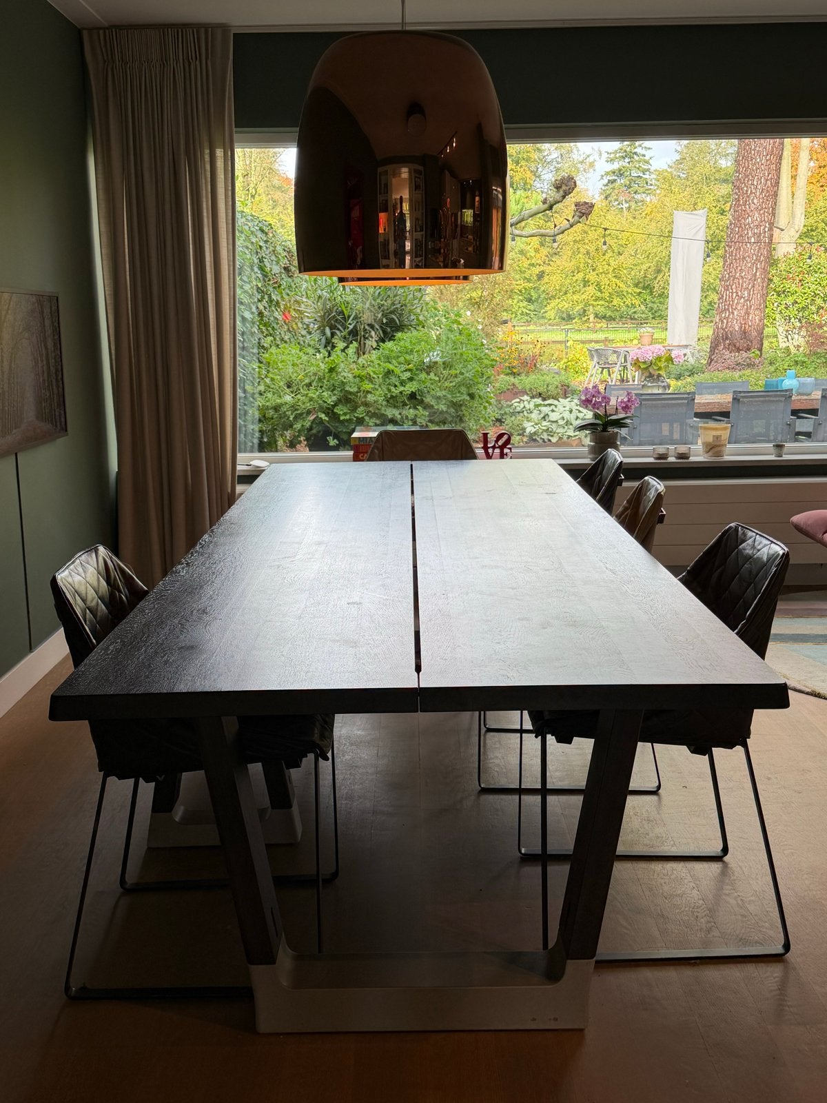 Arco eettafel Base van donker eikenhout met bankje, Ophalen, Gebruikt, Eikenhout, 200 cm of meer