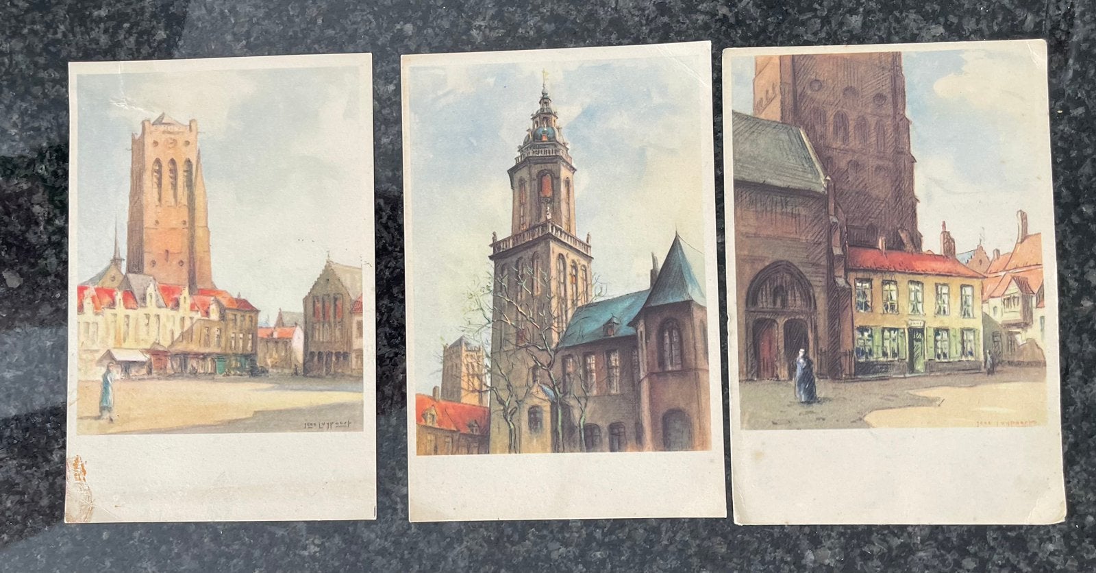 Uniek 3 Antieke Aquarel-Postkaarten Veurne Ex Notariswoning, Ophalen of Verzenden, 1940 tot 1960