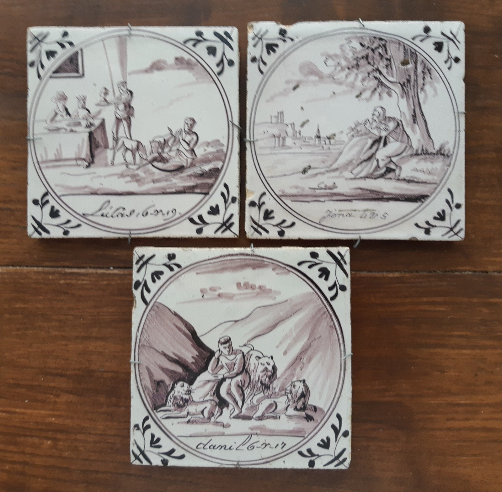 Set van 3 antieke Bijbelse tegels, 18e eeuw, Ophalen of Verzenden