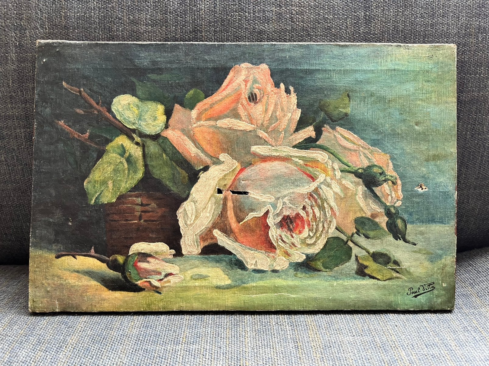 Brocante olieverfschilderij met rozen, Antiek en Kunst, Bloemen, Doek, Impressionistisch, Ophalen of Verzenden