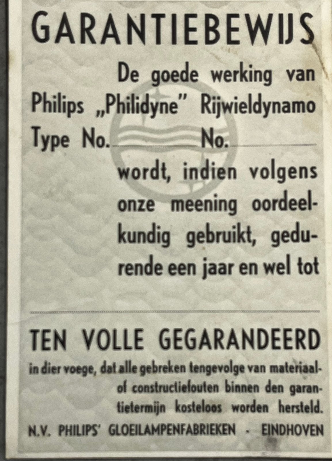 vooroorlogs garantiebewijs Philips fietsdynamo fietsenmaker, Ophalen of Verzenden, Zo goed als nieuw, Overige typen