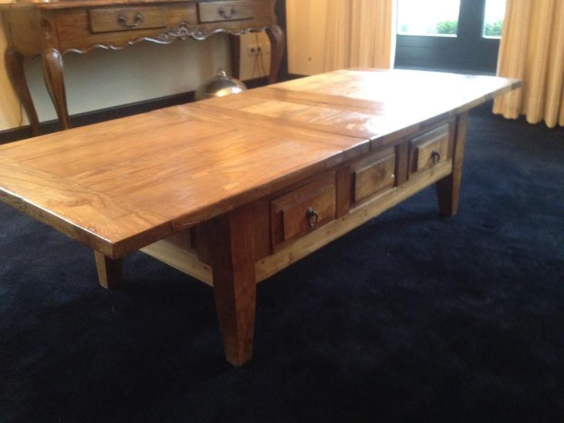 NIEUWE uittrekbare SALONTAFEL - TAFEL OUD TEAK Flamant, Ophalen, Wilms, Zo goed als nieuw, Info@houseofcoco.nl