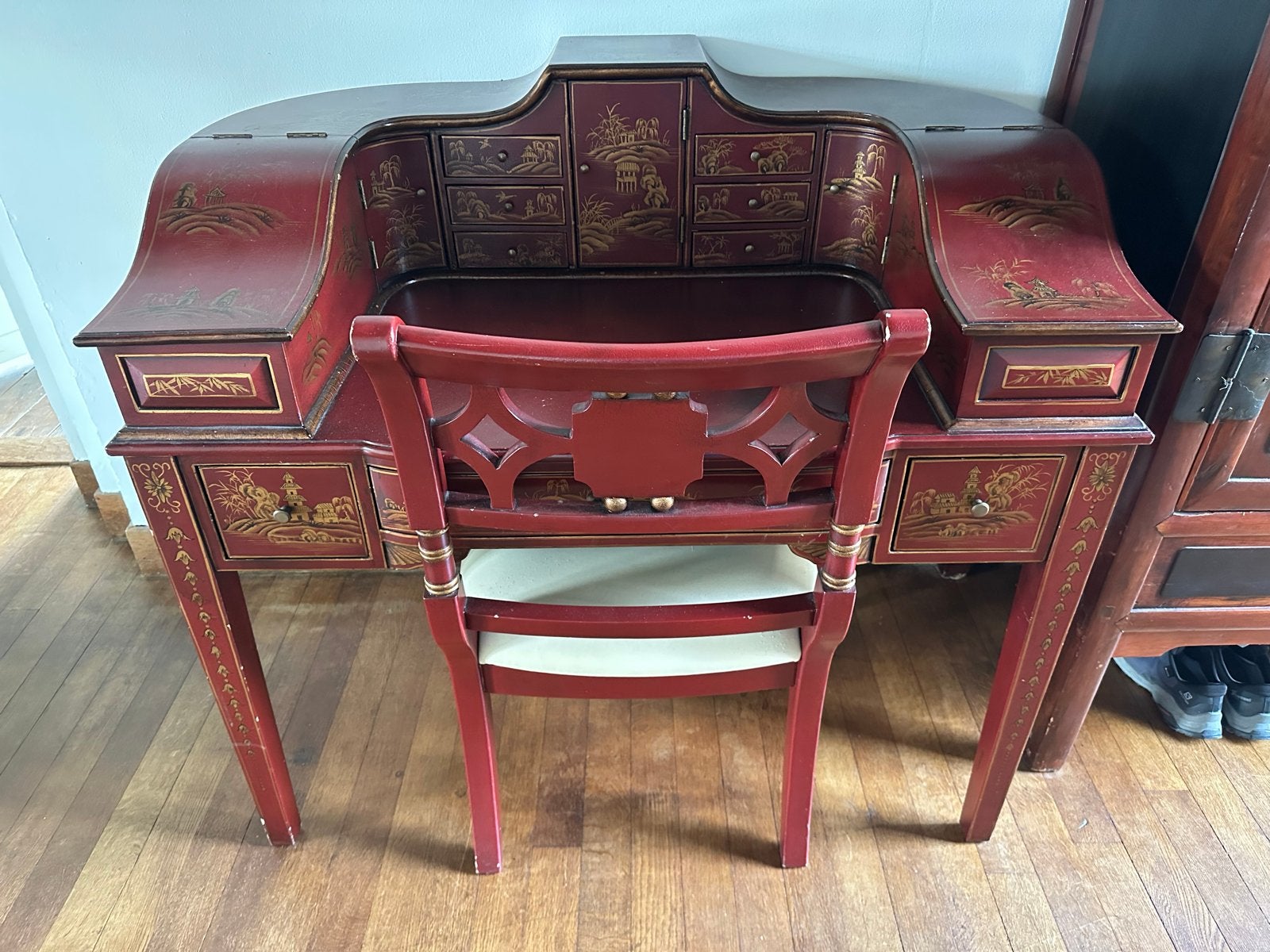 Antiek Chinees secretaire bureau met stoel, rood/goud, Ophalen