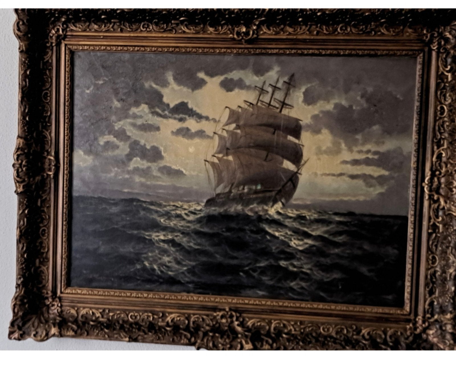 Maritiem Schilderij: Zeilschip op woelige zee, gesigneerd, Antiek en Kunst, Maritiem / water, Doek, Realistisch, Ophalen