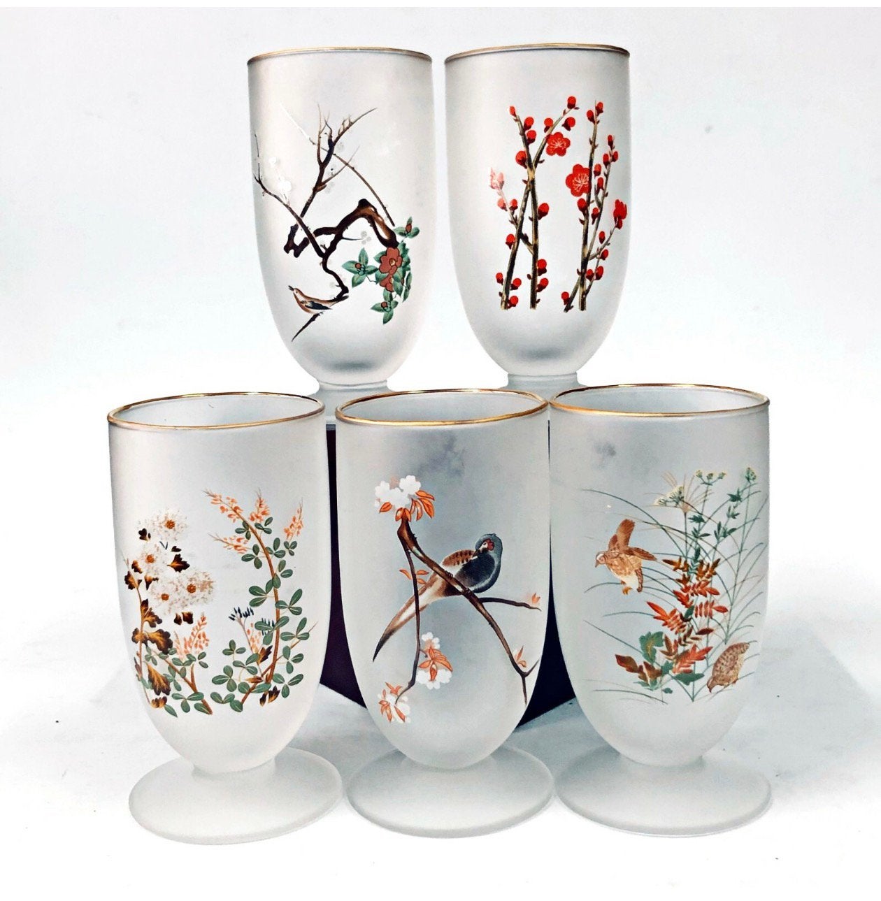 5 frosted japanse glazen floral tumblers, Ophalen of Verzenden, Zo goed als nieuw, Overige typen