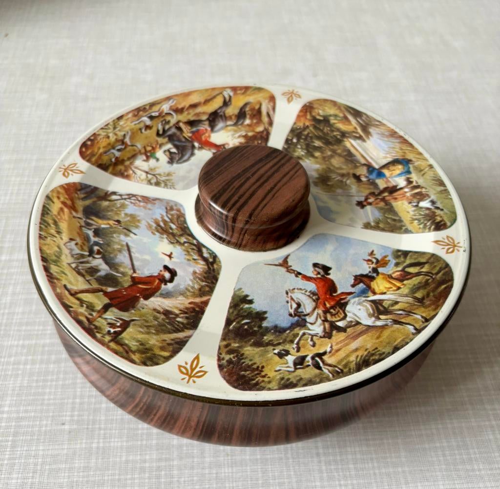 Vintage rond Engels blik koektrommel, Huis en Inrichting, Woonaccessoires | Overige, Zo goed als nieuw, Ophalen of Verzenden