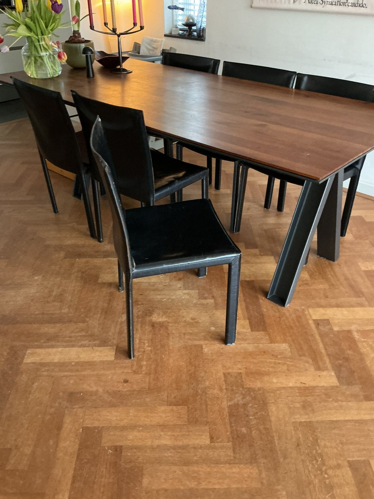 8 leren vintage eetkamerstoelen, Huis en Inrichting, Ophalen, Gebruikt, Rechthoekig, 50 tot 100 cm