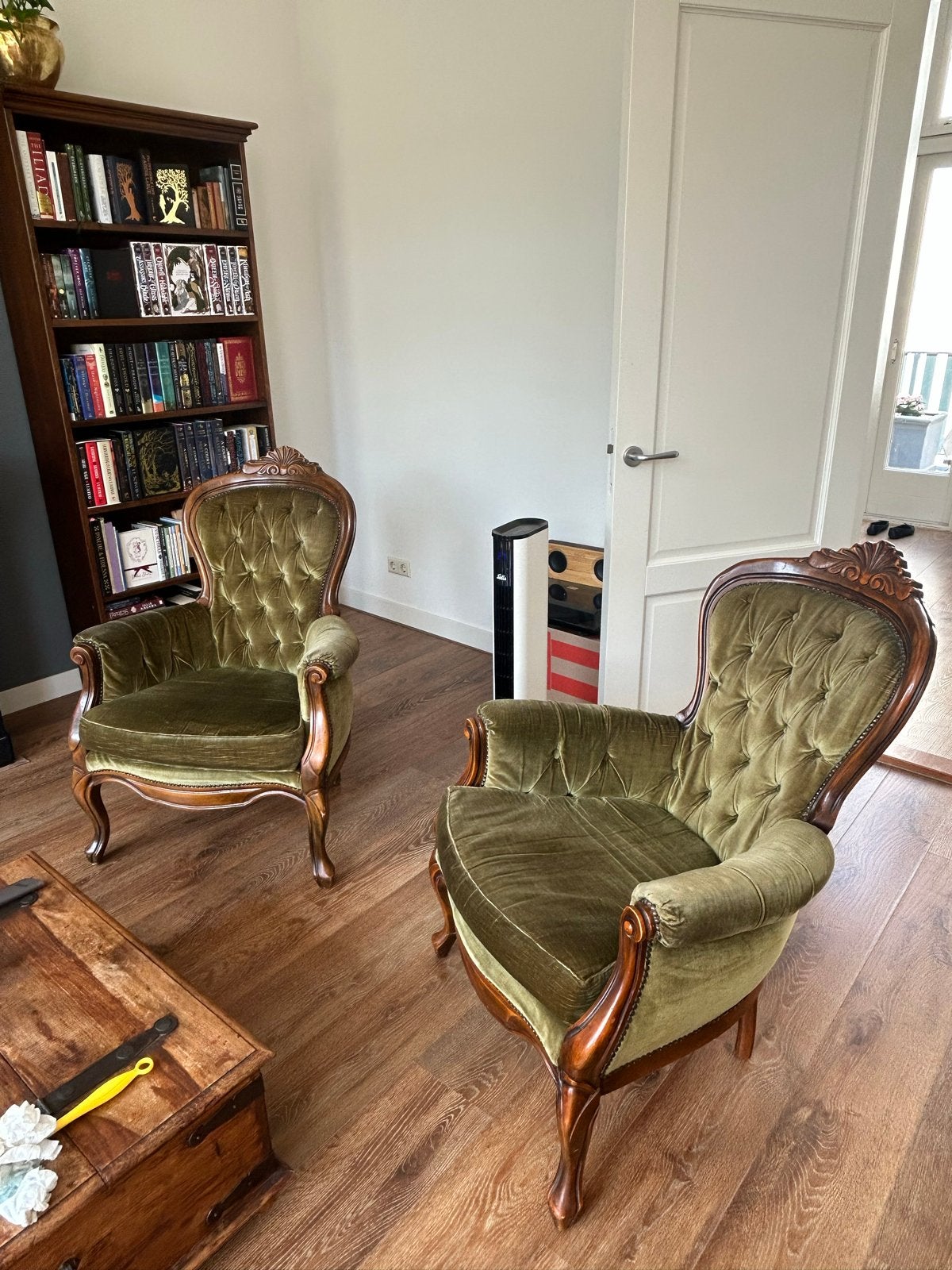Set van 2 antieke brocante fauteuils - groen fluweel, Ophalen of Verzenden