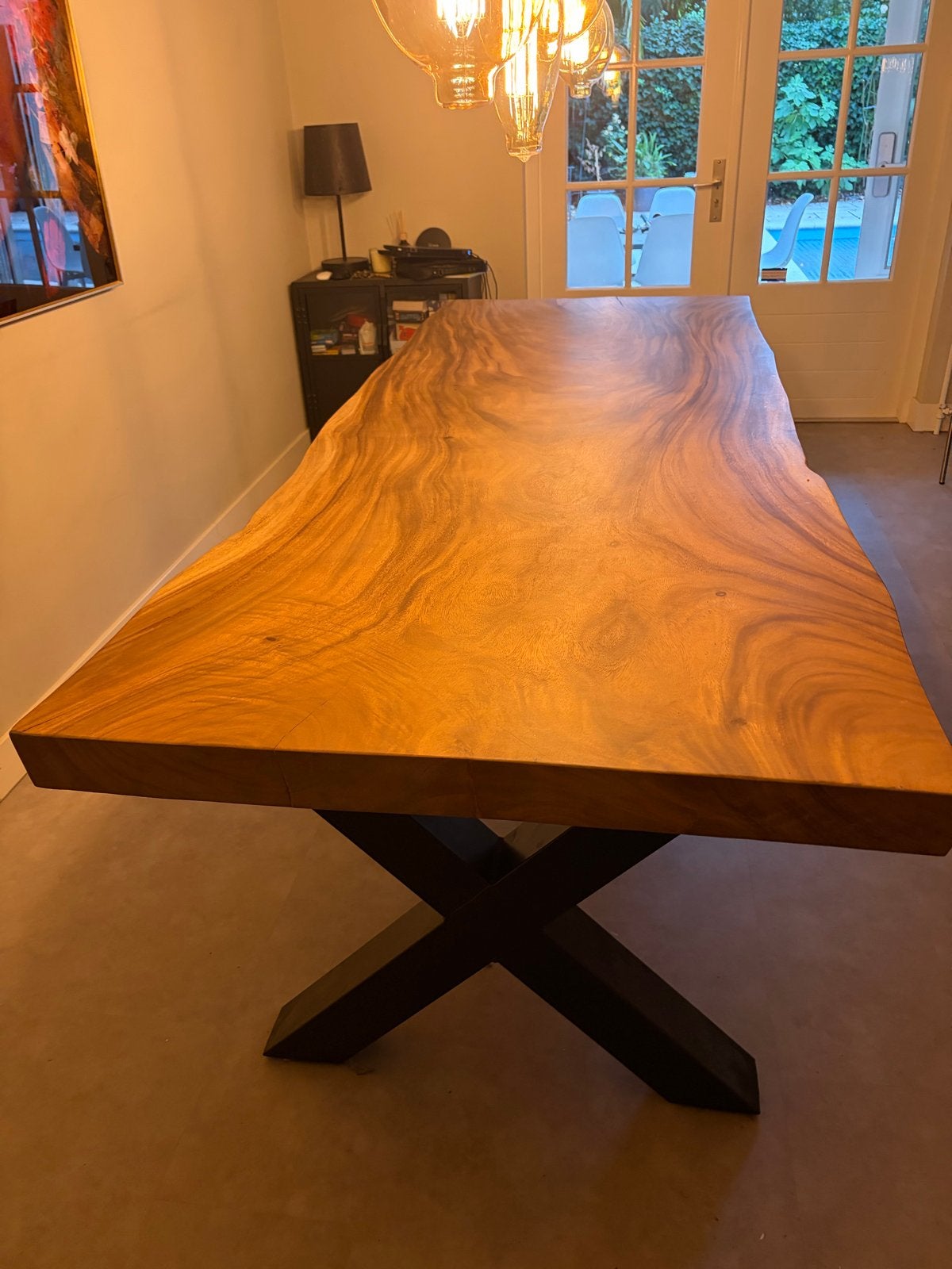 Massief houten  eettafel 260x100 cm met metalen onderstel, Ophalen, 50 tot 100 cm, Zo goed als nieuw, 150 tot 200 cm