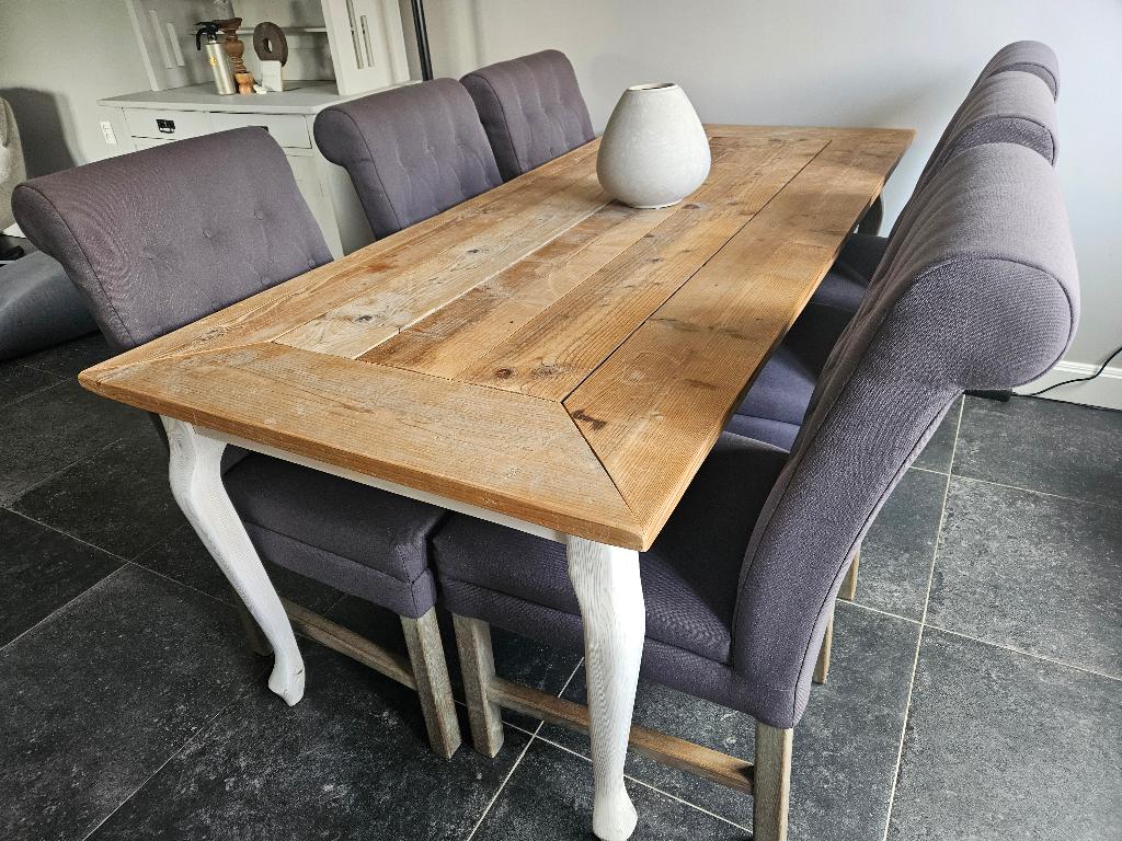 Landelijk eetkamerset tafel+stoelen, 200 cm of meer, Zo goed als nieuw, Vijf personen of meer, Rechthoekig