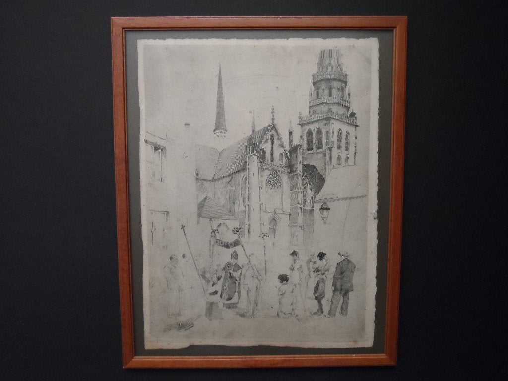 Gedetailleerde tekening kerkuitgang Bisschop met monstrans, Antiek en Kunst, Ophalen of Verzenden