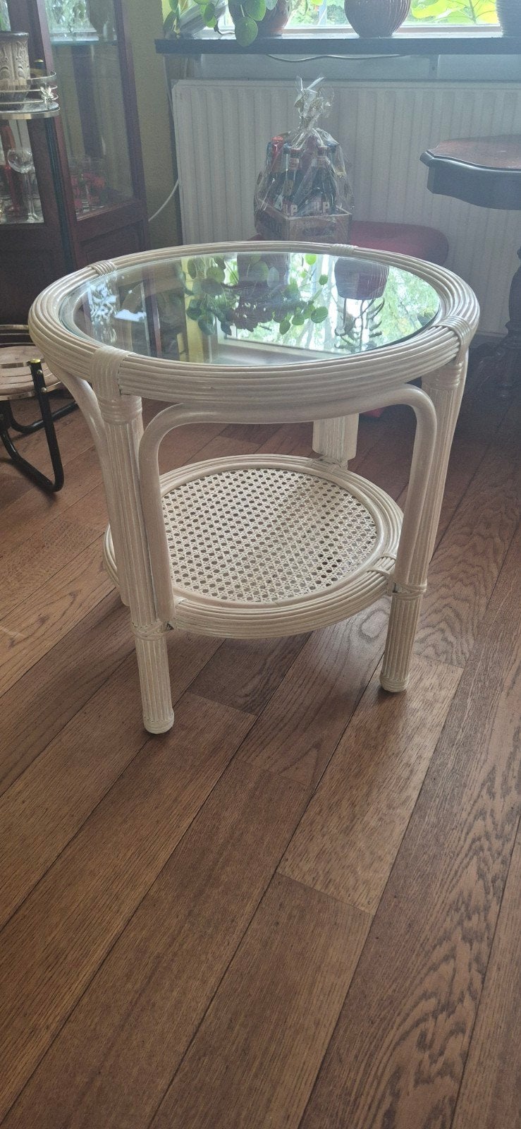 Vintage ronde bamboe salontafel bijzettafel met webbing, Ophalen, 50 – 75, 50 tot 100 cm, Rond