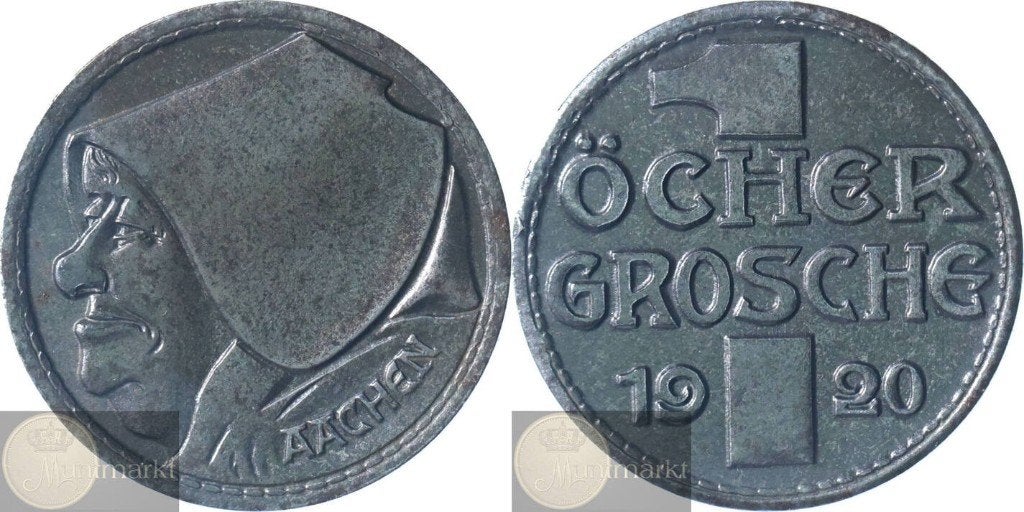 Duitsland - Stad Aachen Noodgeld 1 Öcher Grosche 1920, Postzegels en Munten, Munten | Europa | Niet-Euromunten, Ophalen of Verzenden