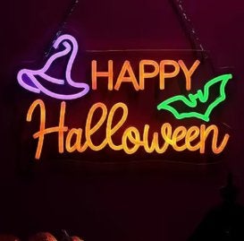 LED lamp neon stijl Happy Halloween (40x25cm), Ophalen of Verzenden, Nieuw, Lichtbak of (neon) lamp