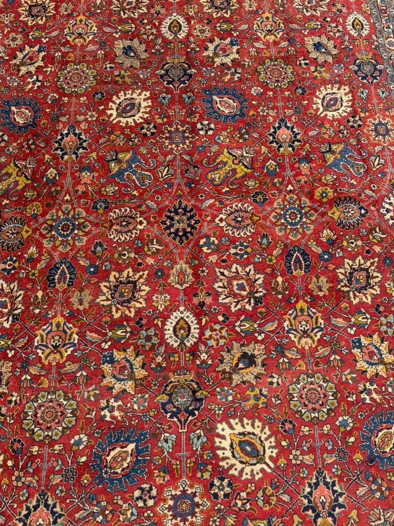 Antiek Tabriz tapijt–465362cm–rood veld met Perzische bloem, 200 cm of meer, Ophalen of Verzenden, Zo goed als nieuw, 200 cm of meer