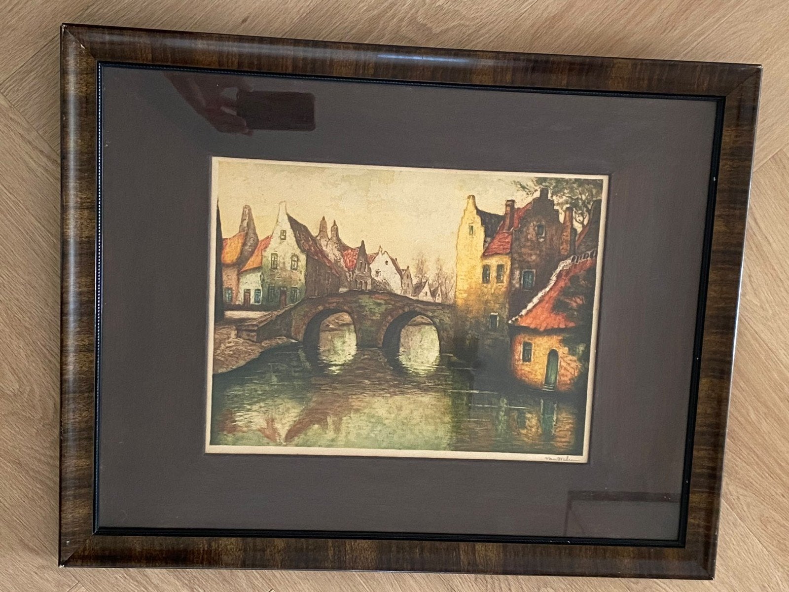 Gesigneerde ets van een stadsgezicht met brug, Ets, Stadsgezicht, Ophalen of Verzenden, Gesigneerd