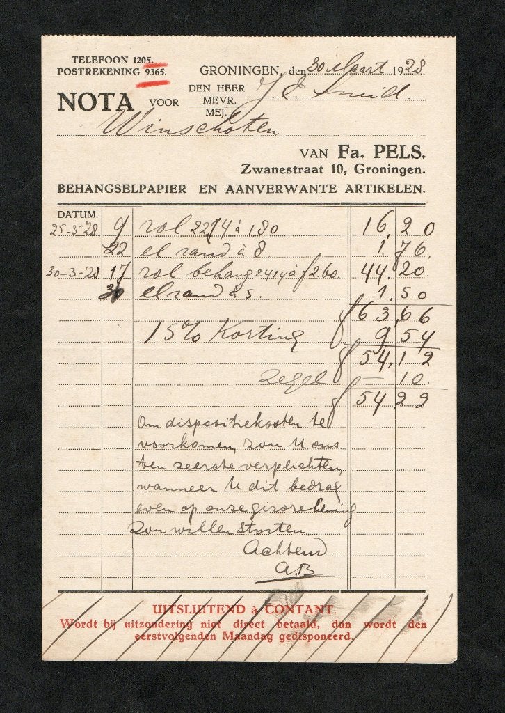 Nota Groningen Pels Winschoten Smid 1928., Verzamelen, Ophalen of Verzenden, Zo goed als nieuw