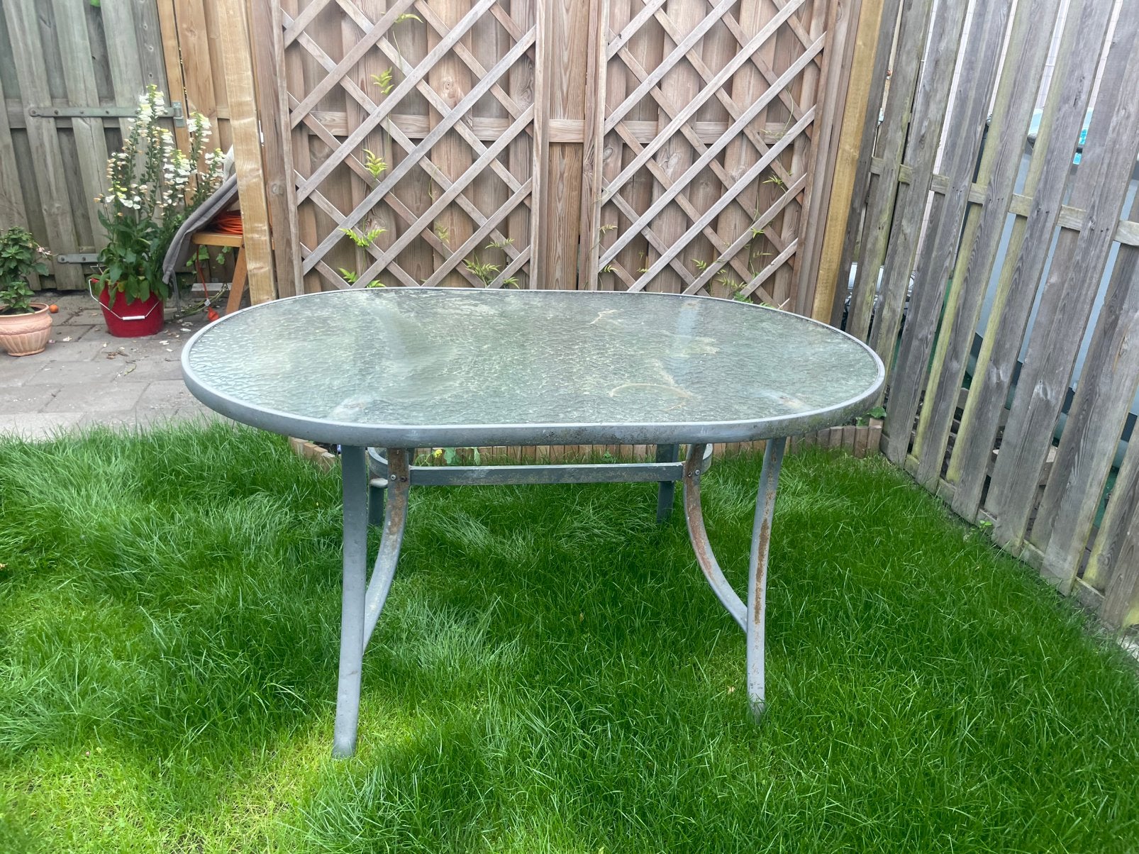 Tuintafel Glas en Aluminium, Tuin en Terras, Tuintafels, Ophalen, Gebruikt, Rechthoekig, Aluminium
