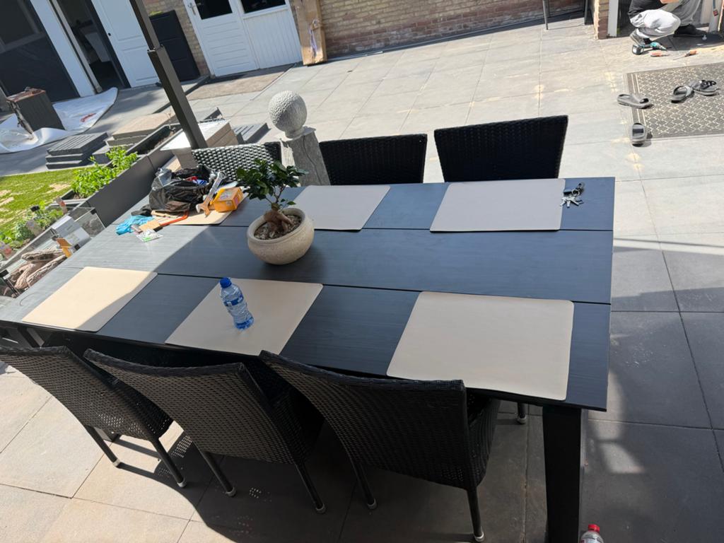 Moderne tuinset met 6 stoelen, Tuin en Terras, Tuinsets en Loungesets, Gebruikt, Eettafel, Ophalen of Verzenden, 8 zitplaatsen