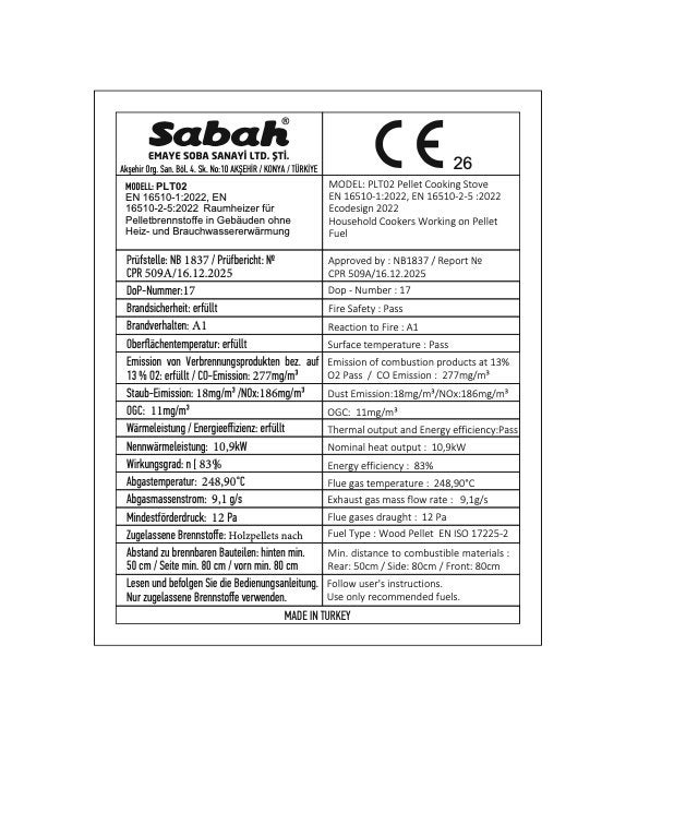 SABAH PLT02 Peletkachel – 13 kg Capaciteit, 75-80 m², Ophalen, Overige brandstoffen, Nieuw, Pelletkachel