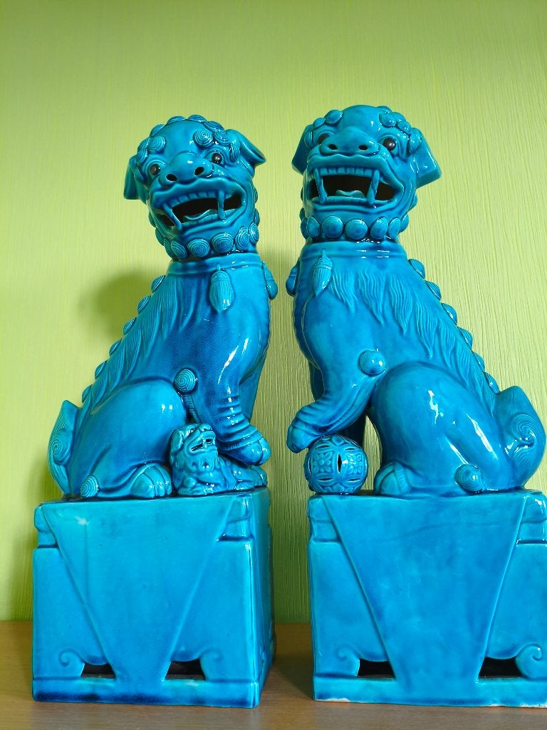 Groot Paar Antieke Chinese Foo Dogs/tempelleeuw 41cm ca 1900, Antiek en Kunst, Steen/keramiek, Blauw, Handgemaakt, Ophalen of Verzenden
