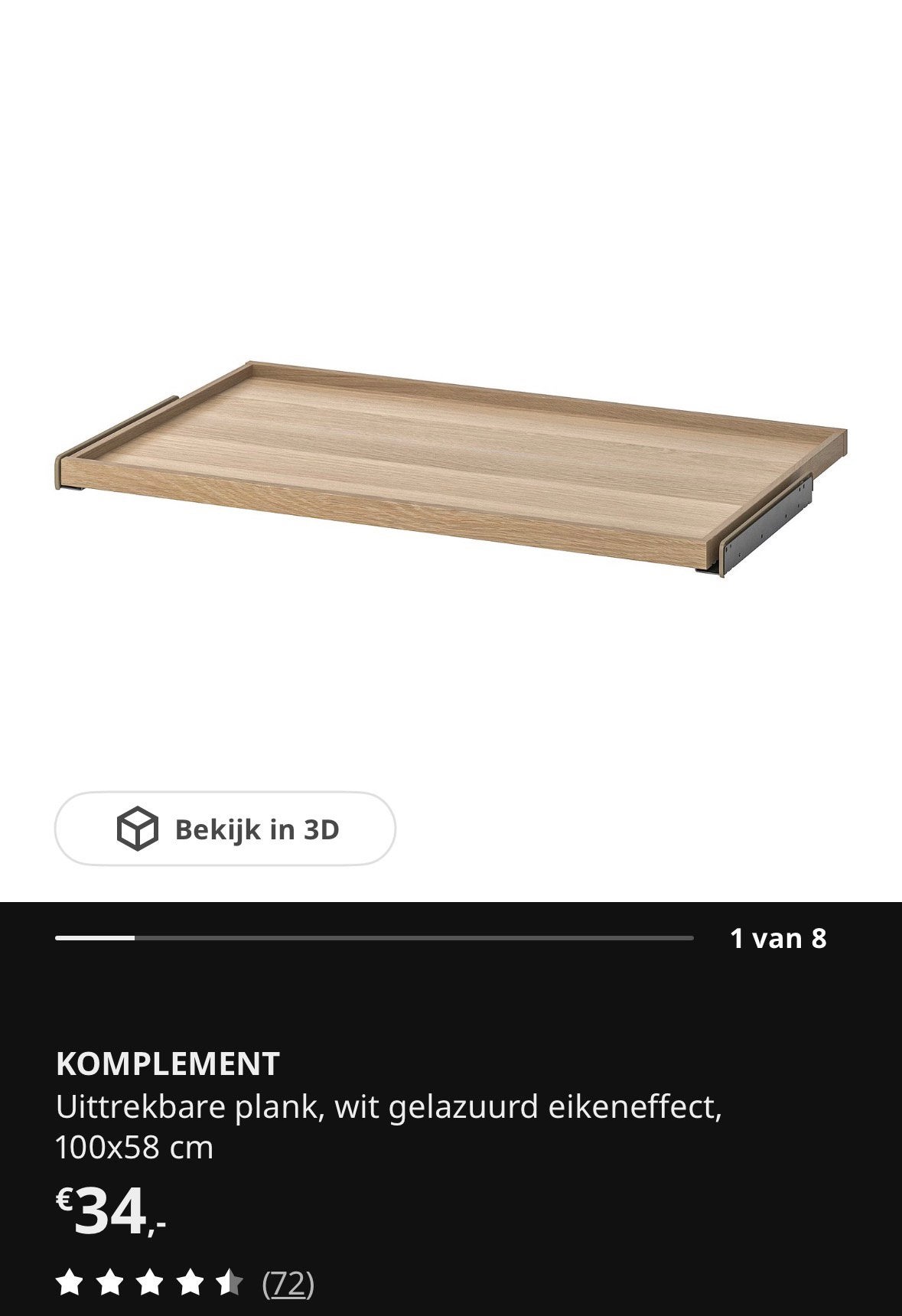 Ikea pax kast Komplement uittrekbare plank 1 meter, Ophalen, 100 tot 150 cm, Eikenhout, 50 tot 100 cm