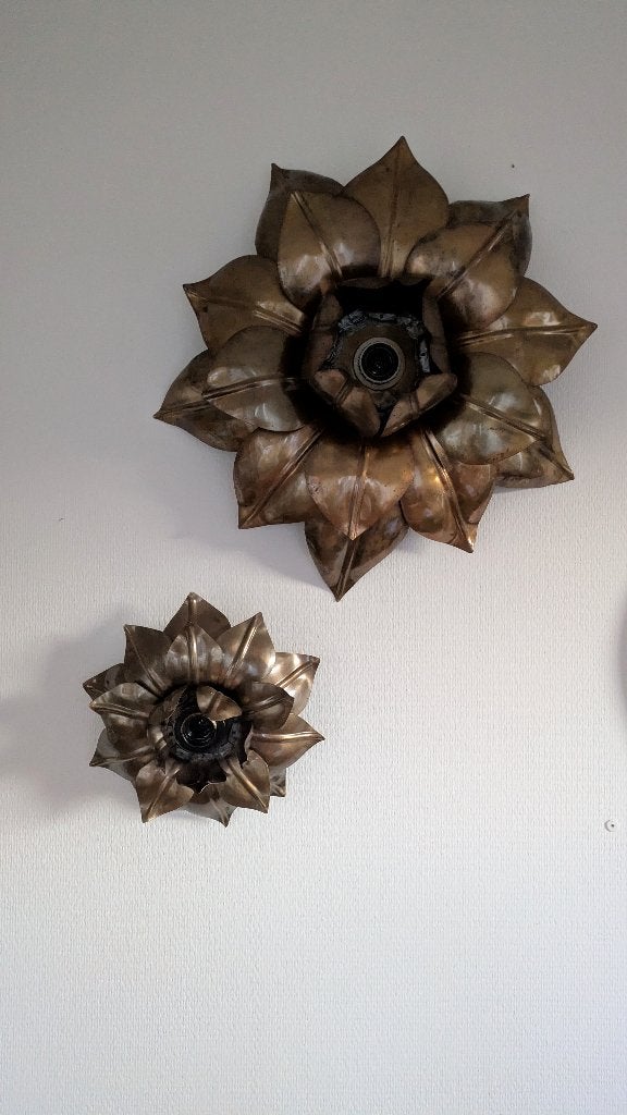 Bronskleurige bloemen lampen wand en plafond, Design, Dimbaar, Plafondlamp, Metaal