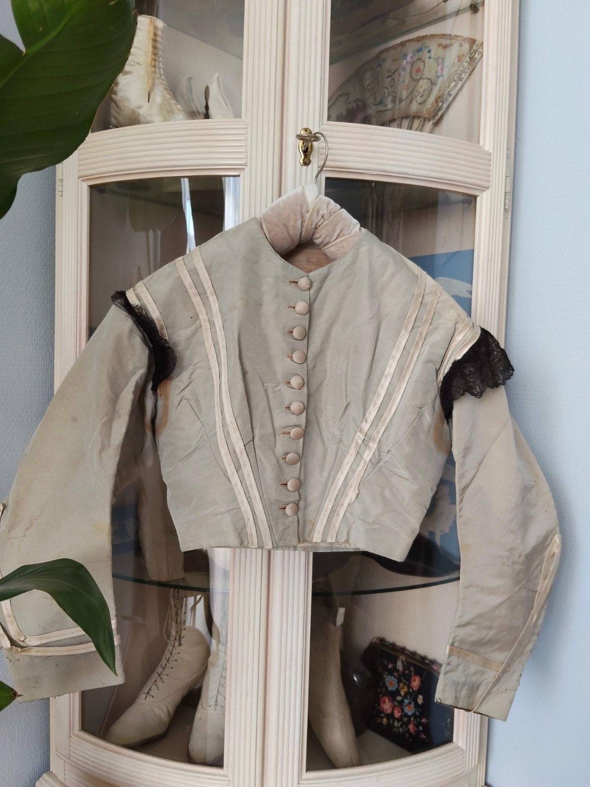 Antiek zeer oude zijde bodice 1850 licht groen blauw Brontë, Antiek en Kunst, Ophalen of Verzenden, Dames