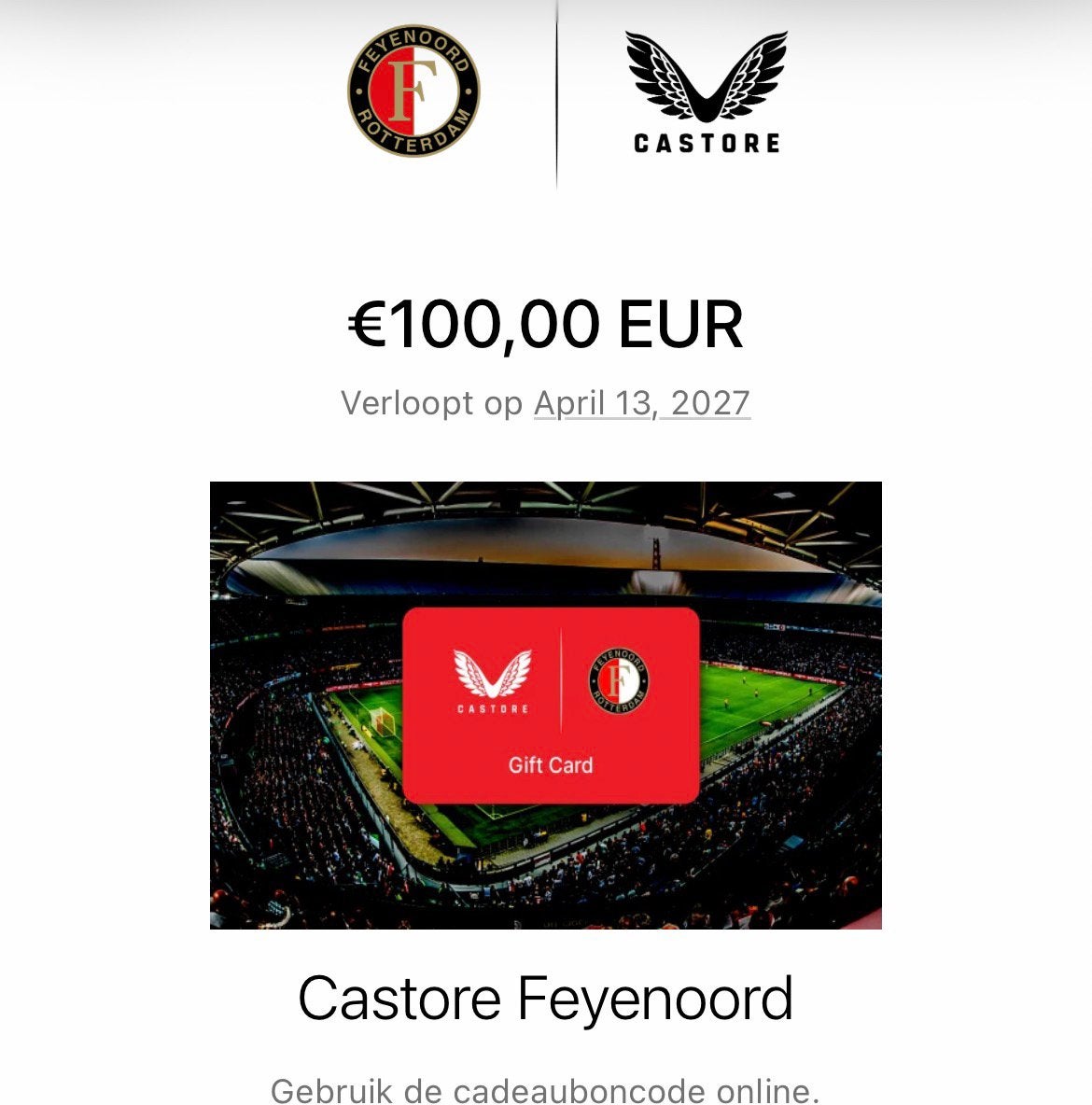 Giftcard feyenoord fanshop twv €100,-, Seizoenskaart, Eén persoon