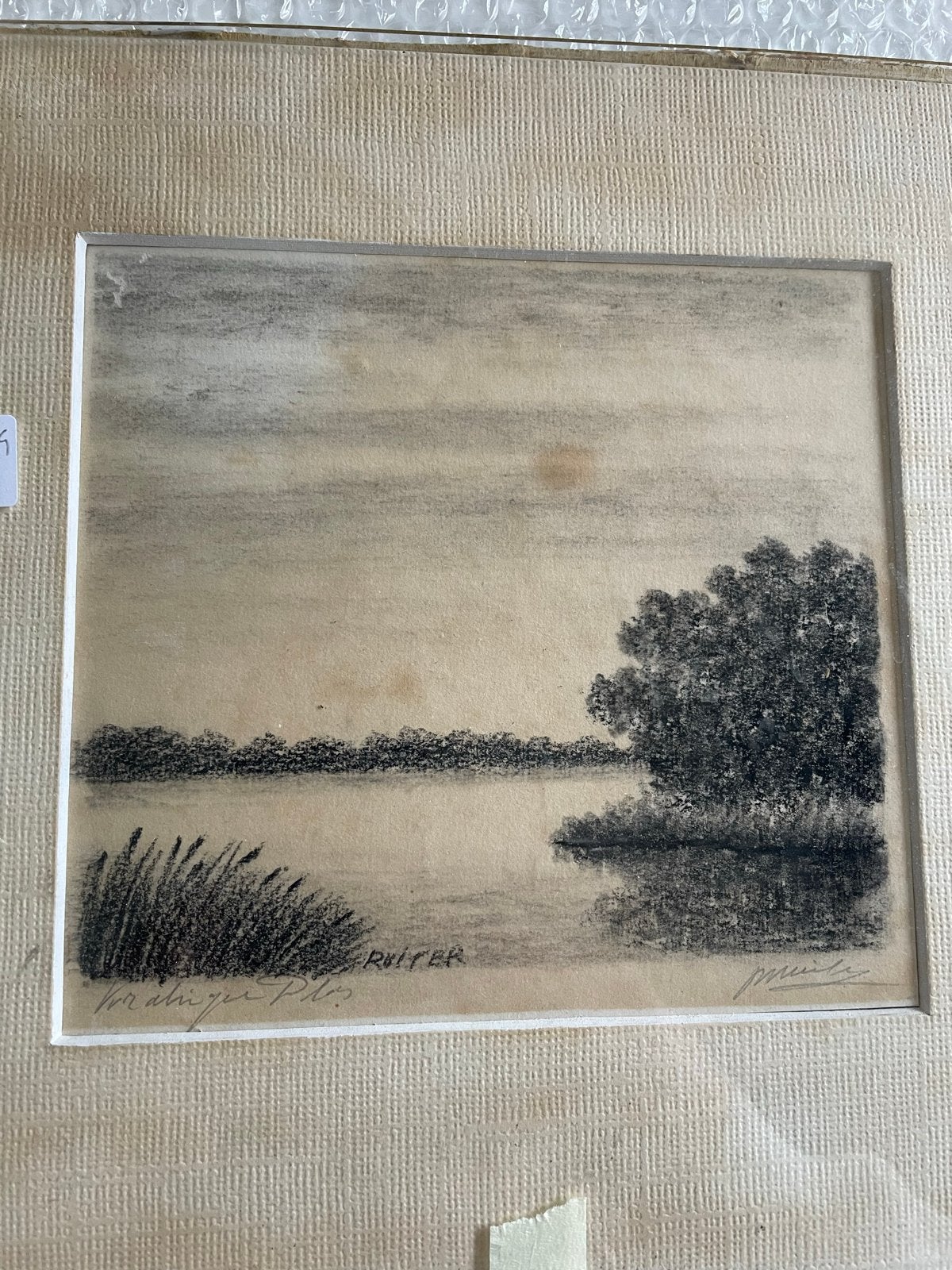 Houtskooltekening Kralingse Plas 1957 - Ingelijst, Antiek en Kunst, Ophalen of Verzenden, Tekening, Houtskooltekening, Achter glas