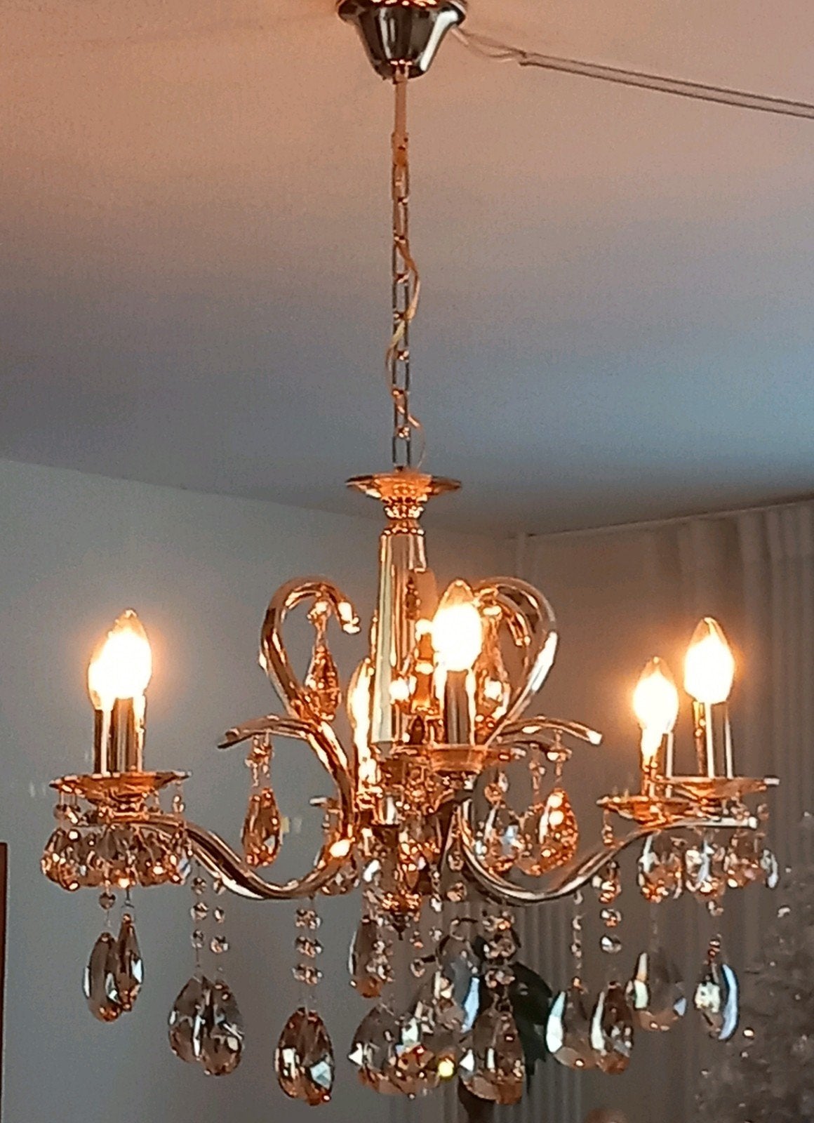 Kroonluchter in Goud met Champagnekleurige Kristalglaspegels, Ophalen, Glas