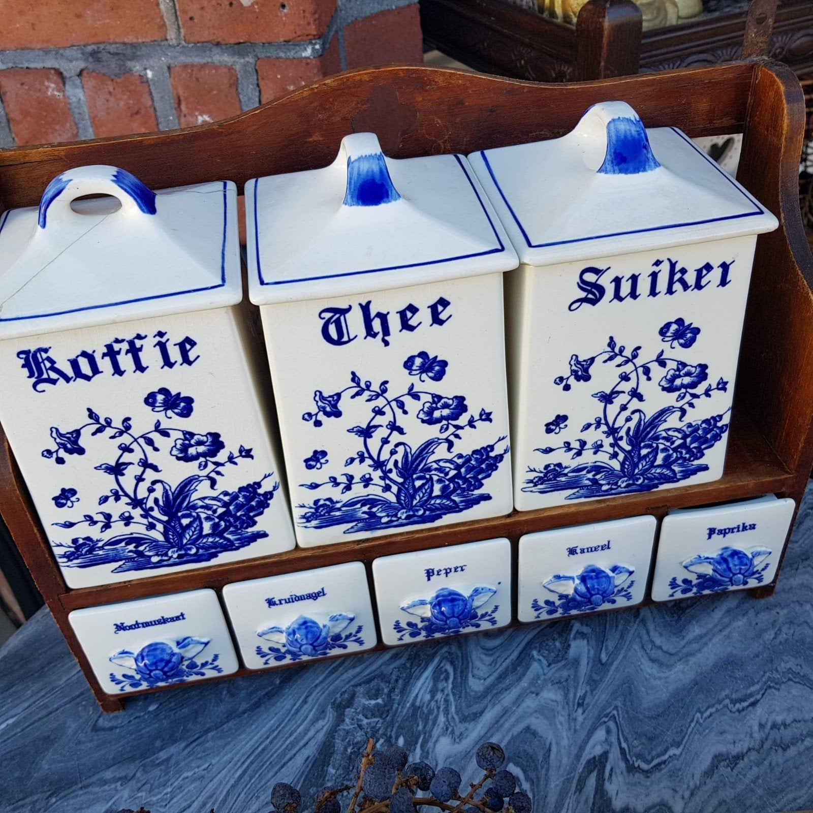 Antieke Delfts Blauw stijl Kruidenrek met Potten, Ophalen of Verzenden