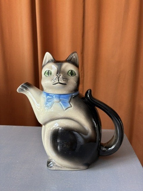 Vintage Kat Theepot - Zwart/Wit met Blauwe Strik, Ophalen