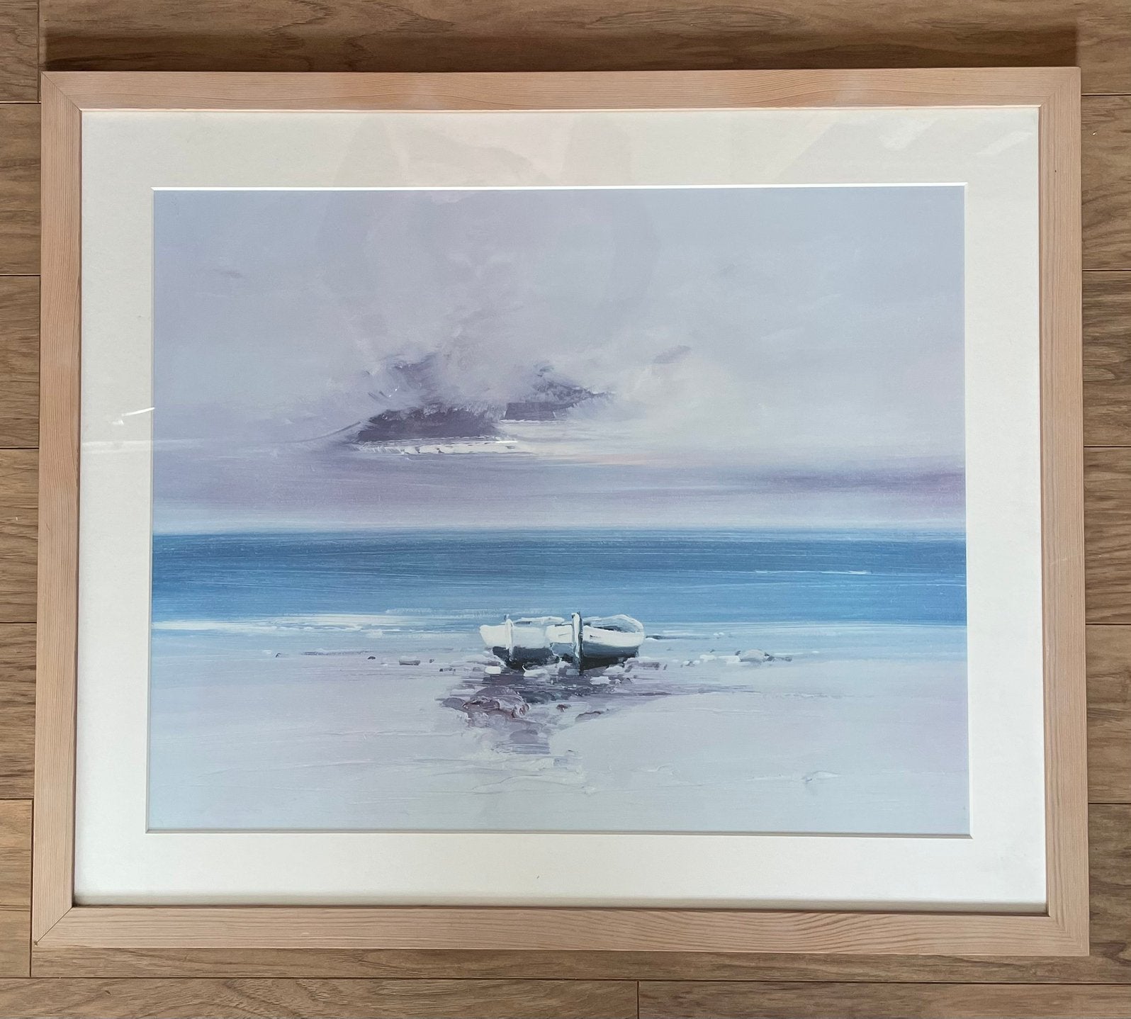 Zeezicht met boten op het strand, Ophalen, Zo goed als nieuw, 50 tot 75 cm, Schilderij
