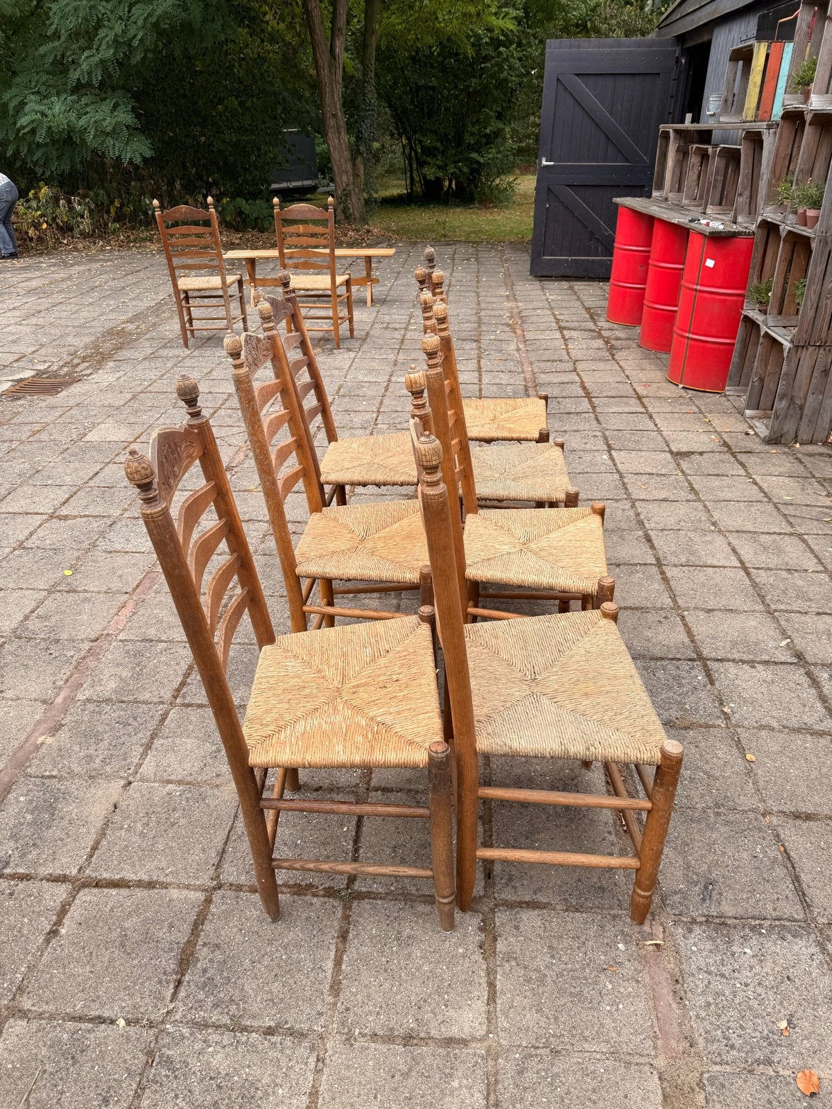 Set van 9 rustieke houten stoelen met rieten zitting, Antiek en Kunst, Ophalen of Verzenden