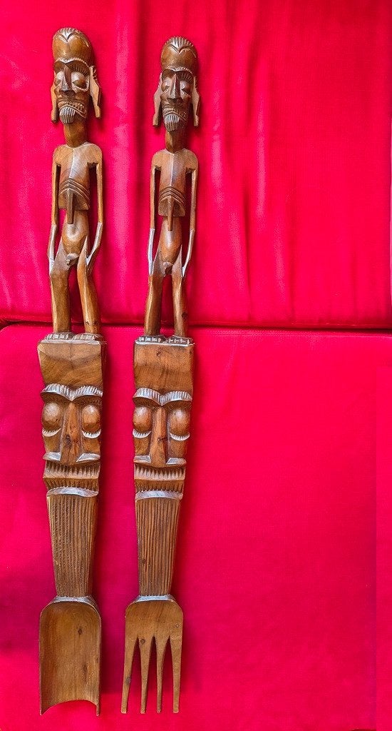 Moai Kavakava Polyponesisch/Paaseil. Houtsnijwerk vork lepel, Oceanië, Houtsnijwerk, Handgemaakt, Hout