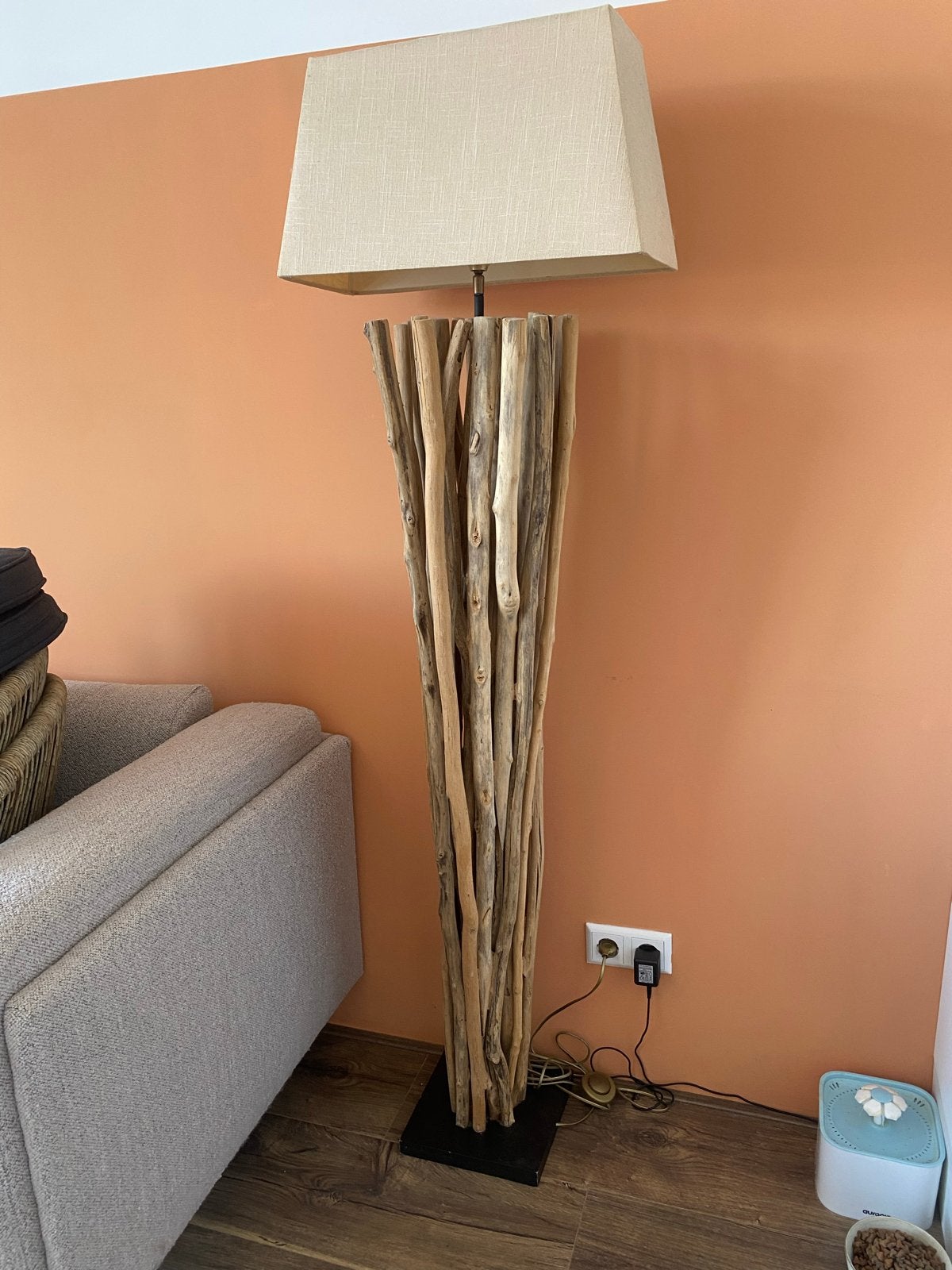 Unieke vloerlamp van drijfhout met linnen kap, Ophalen, E27 (groot), Zo goed als nieuw, 150 tot 200 cm