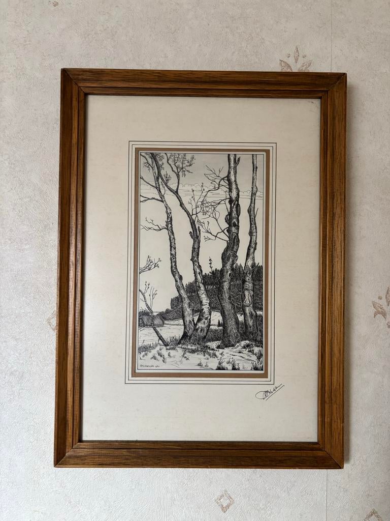 Ingelijste tekening van A. van der Woude, 1980, Ophalen of Verzenden