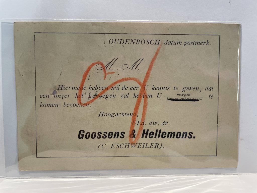 Briefkaart - Oudenbosch - Goossens & Hellemons, Verzamelen, Ansichtkaarten | Nederland, Verzenden, Voor 1920, Gelopen, Noord-Brabant