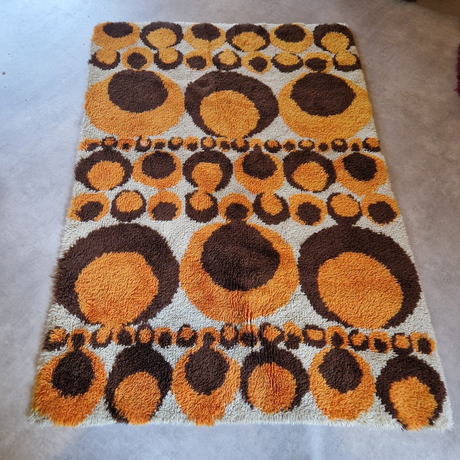 Vintage vloerkleed oranje bruin creme retro jaren 70, Verzamelen, Ophalen of Verzenden, Huis en Inrichting