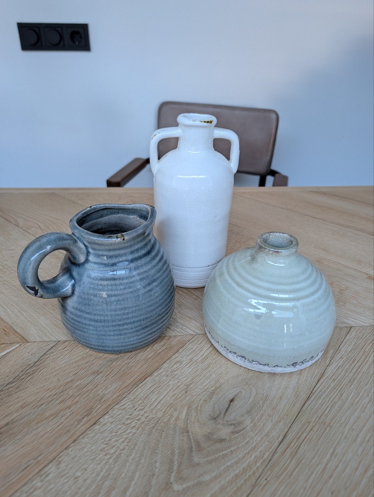 Set van 3 keramische vaasjes, wit, groen en grijs, Ophalen, Grijs