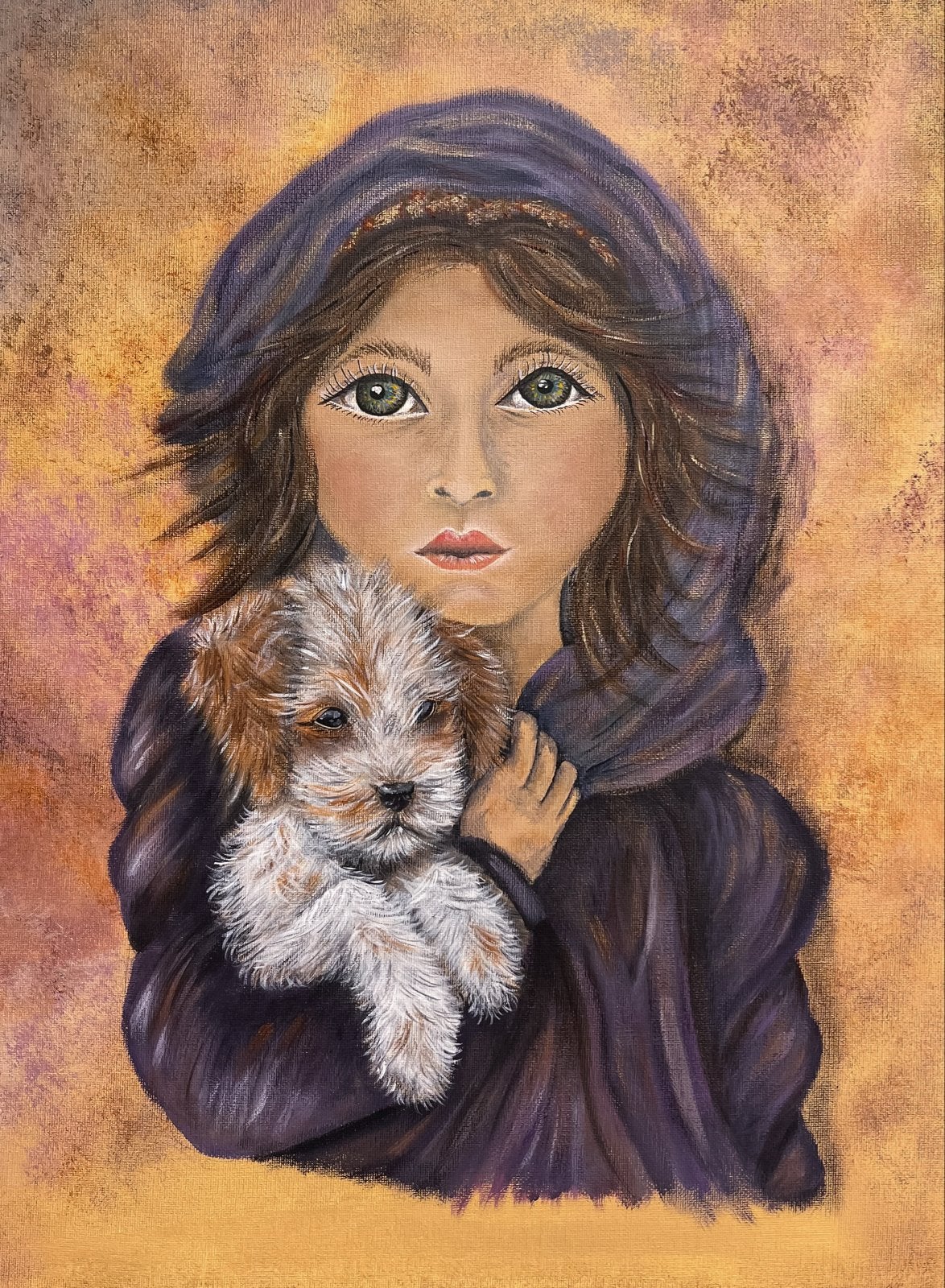 Meisje met puppy - Handgeschilderd acrylverf, Antiek en Kunst, Portret of Personen, Realistisch, Handgeschilderd, Olieverf