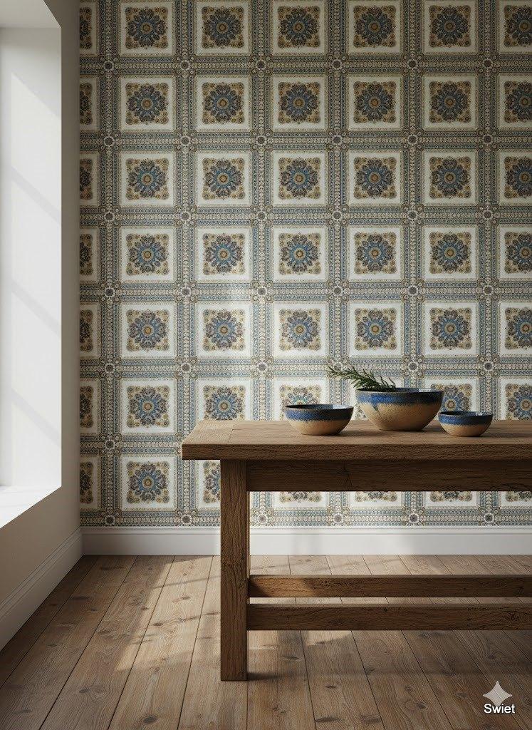 14207 vintage blauw medaillon behang chic gold swiet, Verzenden, Bruin
